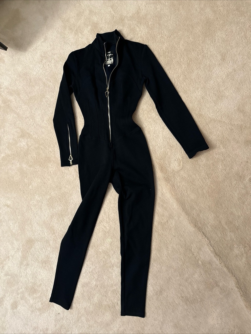 Women's Black Zip-Front Long-Sleeve Jumpsuit